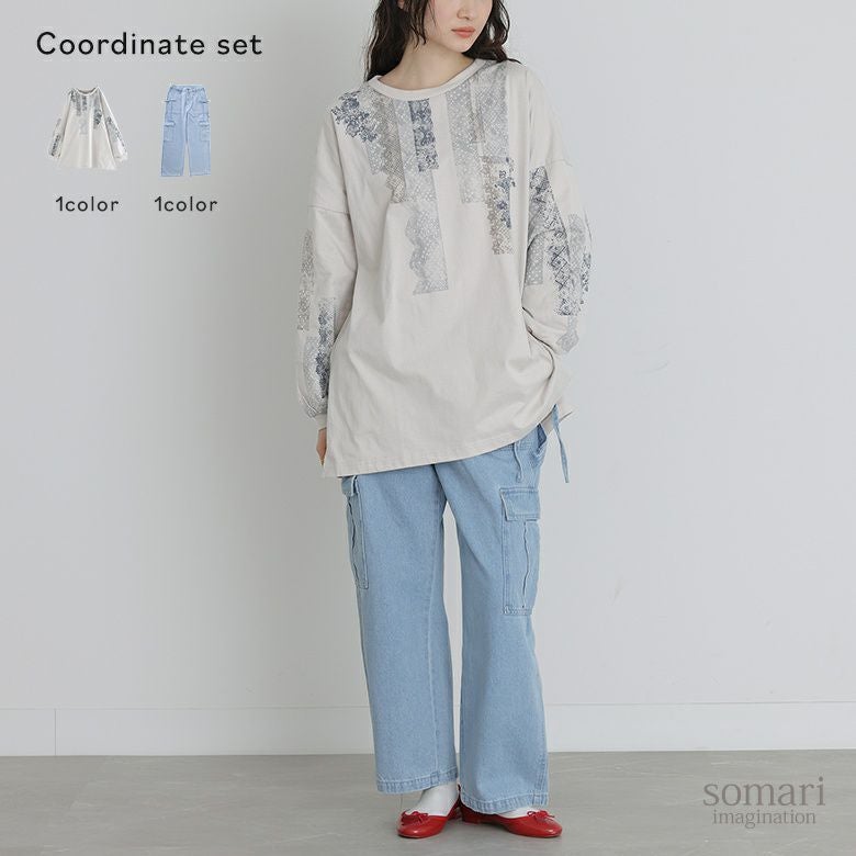 レースプリントロンT×リボン付きデニムペインターパンツコーデ2点SET