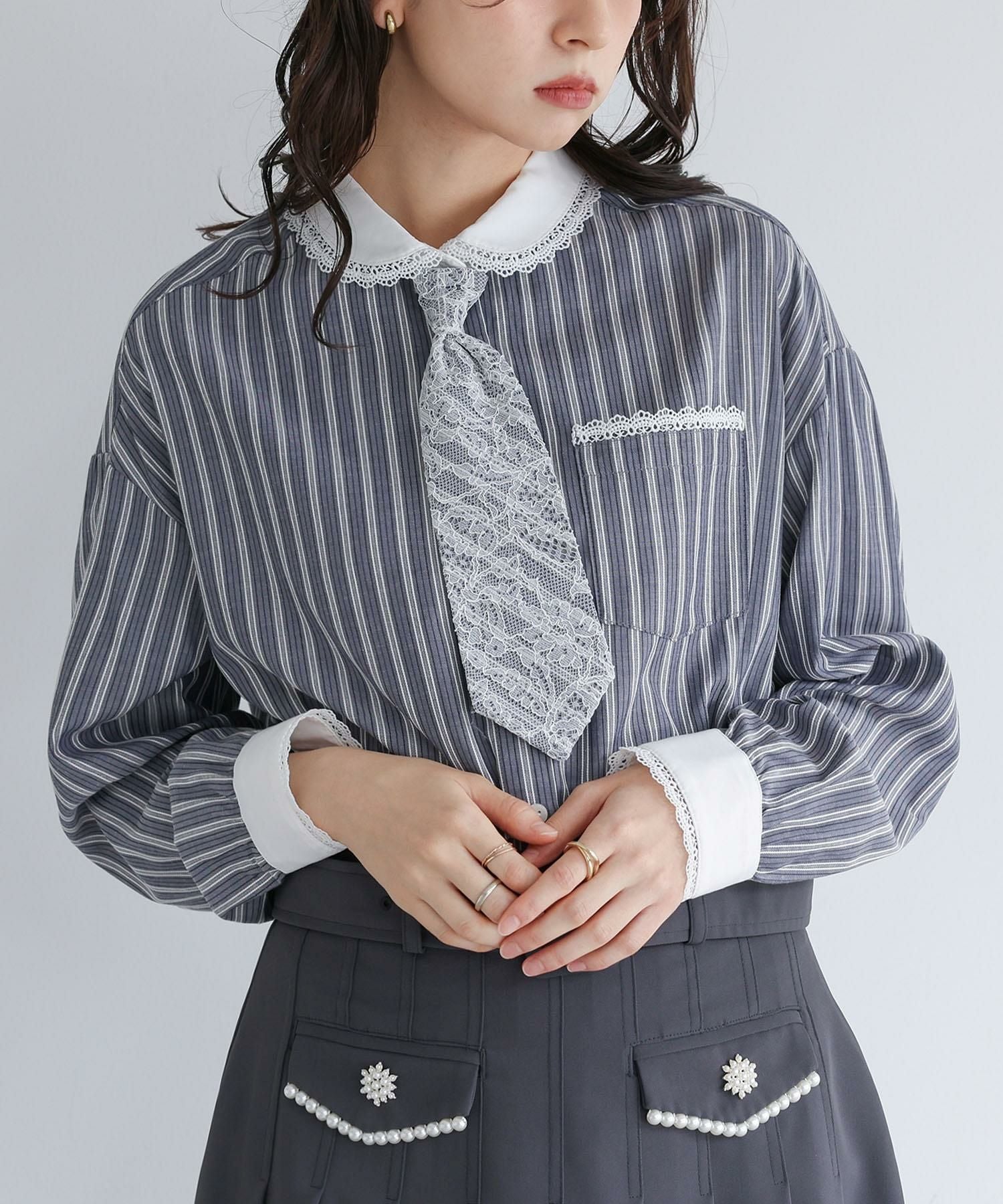 ☆ ドローストリング付き ストライプシャツ ネクタイ グレー ZARA - ☆ ドローストリング付き ストライプシャツ ネクタイ グレーの
