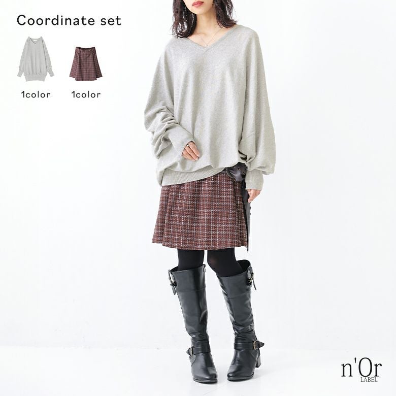 スカート風ツイードハーフパンツ×Vネックドルマンニットコーデ2点SET