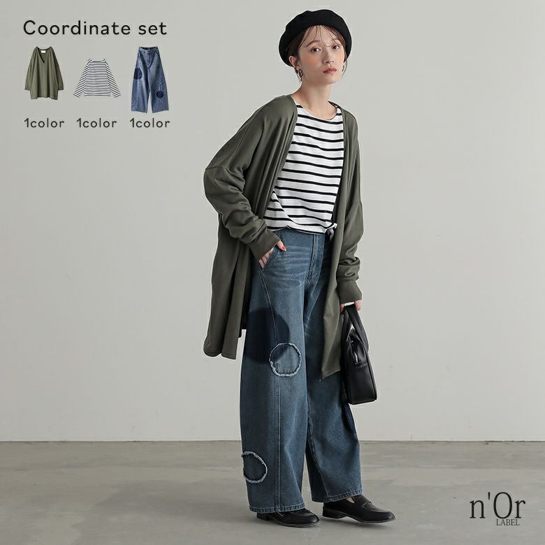 ドットパッチワークデニムパンツ×ボーダーバスクロンT×スウェット