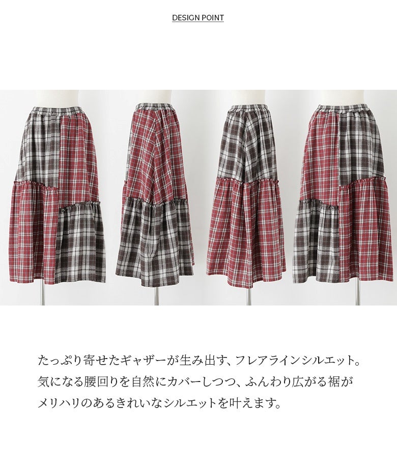 たっぷり寄せたギャザーが生み出す、フレアラインシルエット。気になる腰回りを自然にカバーしつつ、ふんわり広がる裾がメリハリのある綺麗なラインを叶えます。