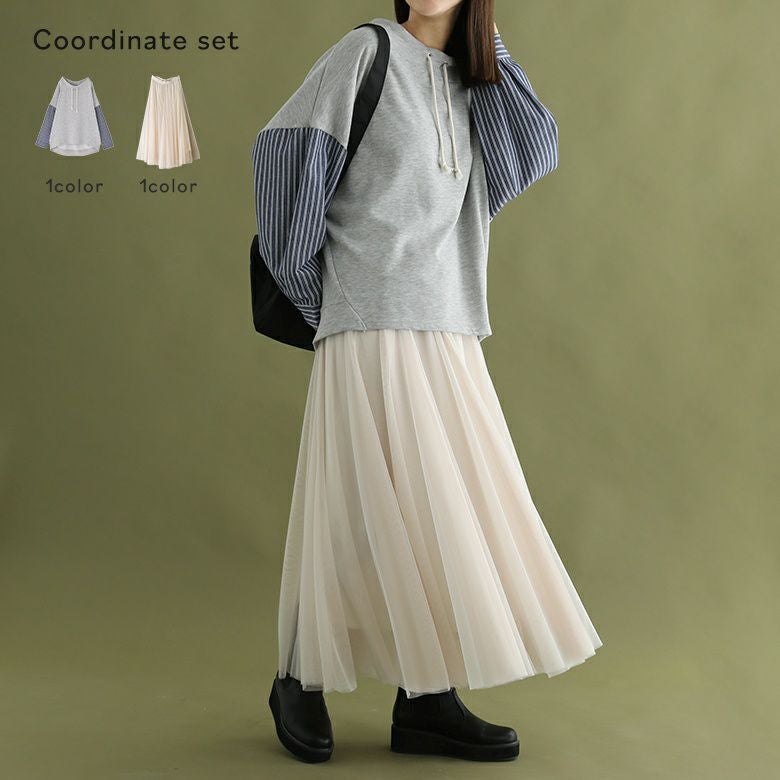 ドルマン切替プルオーバー×配色ボリュームチュールスカートコーデ2点SET