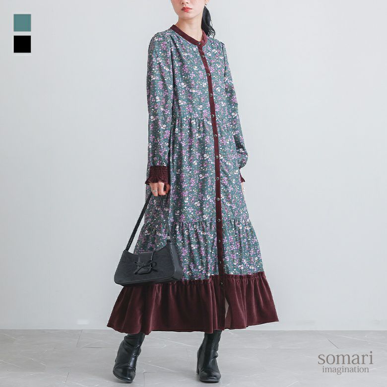 somari imagination(ソマリイマジネーション)ベロア切替花柄ティアードワンピース