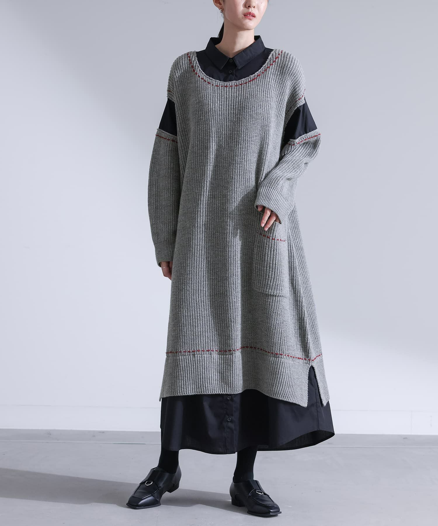 BLANC basqueボーダーニットチュニックワンピース？ INMDS26084(ワンピース) 80s VOILE SQUARE BLOCK PRINT CREW-NECK
