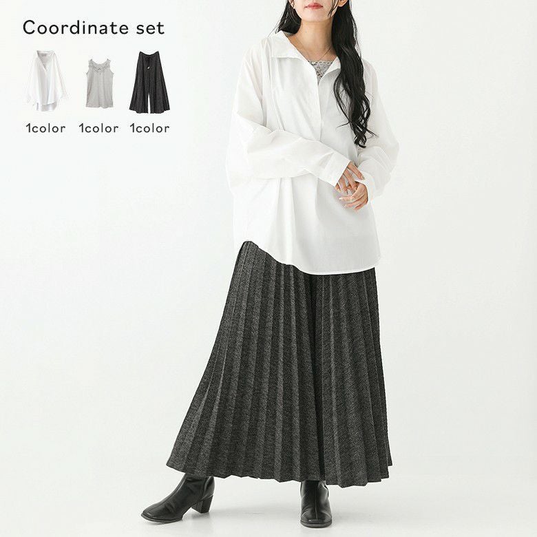 レースタンク×スキッパーネックシャツ×プリーツパンツコーデ3点SET