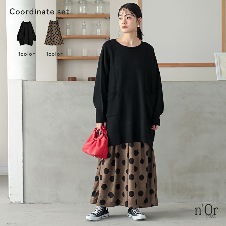 ポケットデザインチュニックニット×ドットコーデュロイワイドパンツコーデ2点SET