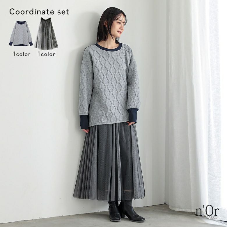 エンボス加工カットソー×配色ボリュームチュールスカートコーデ2点SET