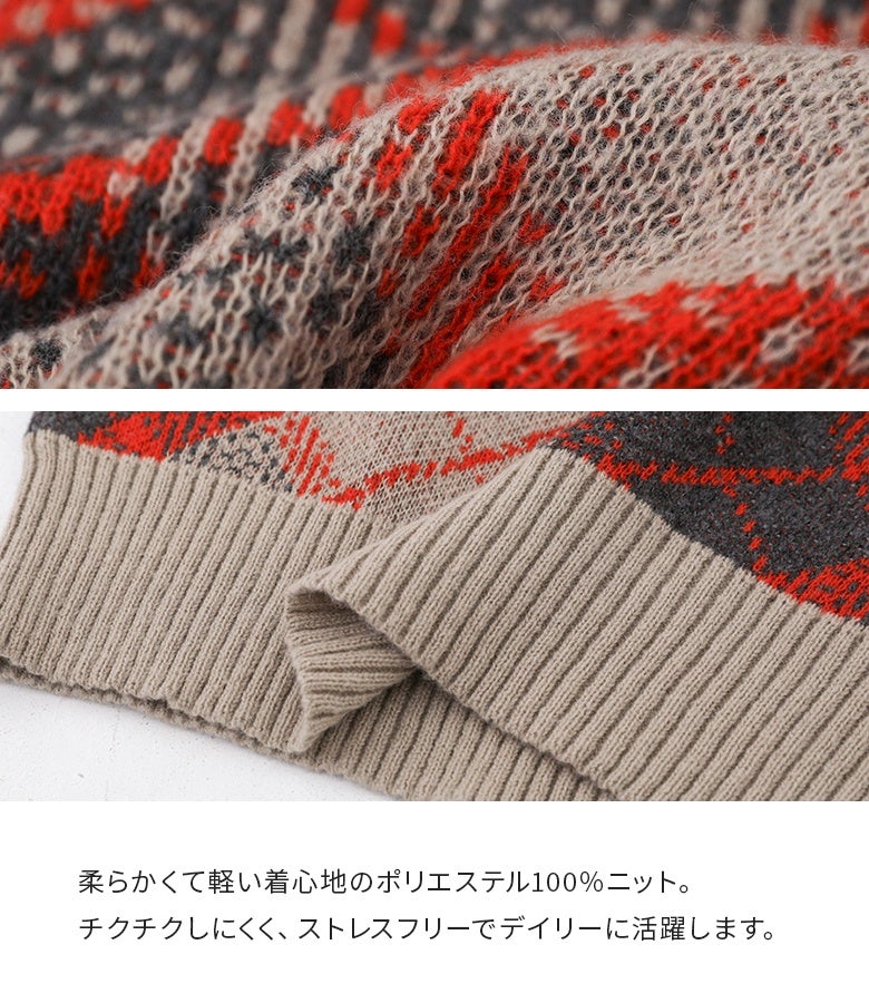 柔らかくて軽い着心地のポリエステル100％ジャガードニット。チクチクしにくくストレスフリーな肌触りで、寒くなる季節のデイリー使いやロングシーズンの重ね着コーデに重宝する素材感です。