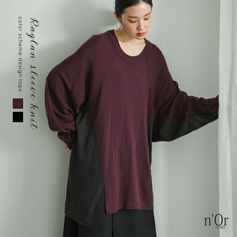 nOrLABEL(ノアールレーベル)配色前ラグランスリットニット
