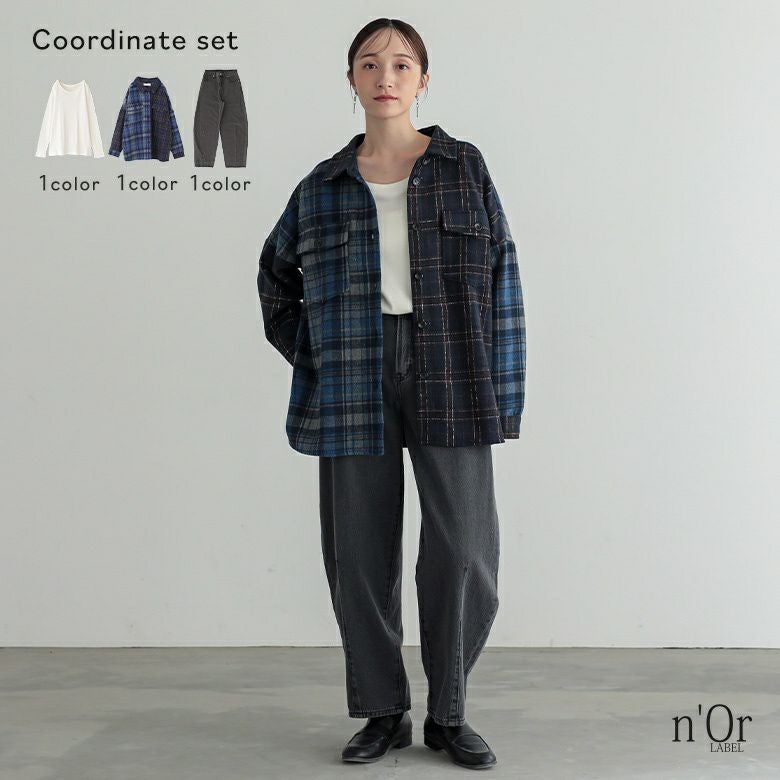 切替チェックシャツ×吸湿発熱ラウンドネックロンT×カーブシルエットデニムコーデ3点SET