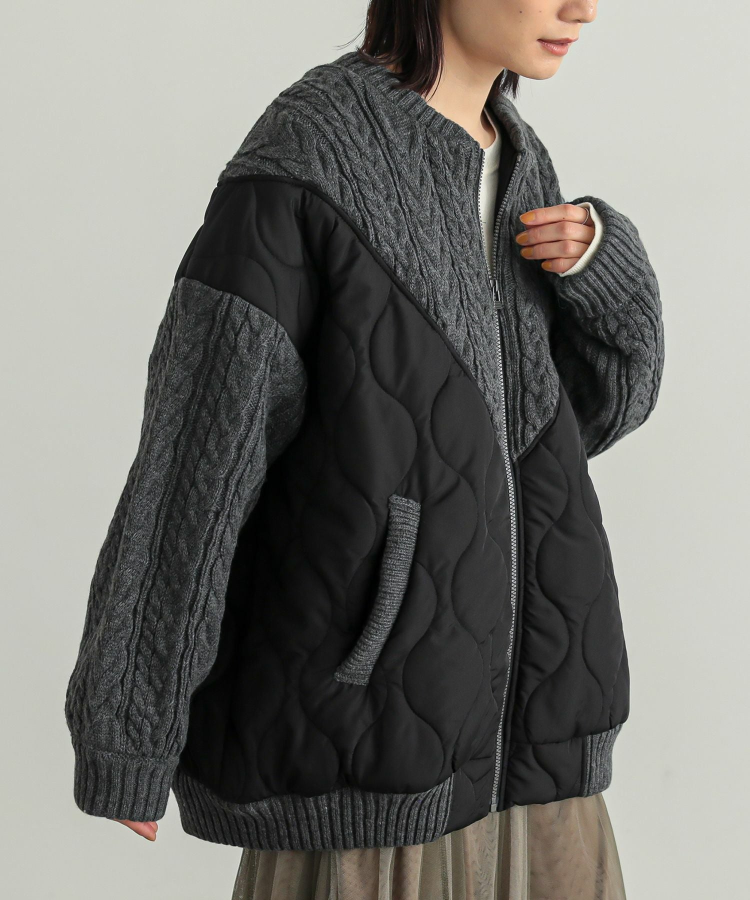 【新品】Vin ケーブルニットドッキングキルティングコート 27,000円 n'OrLABELキルティング×ケーブルニットドッキングブルゾン』