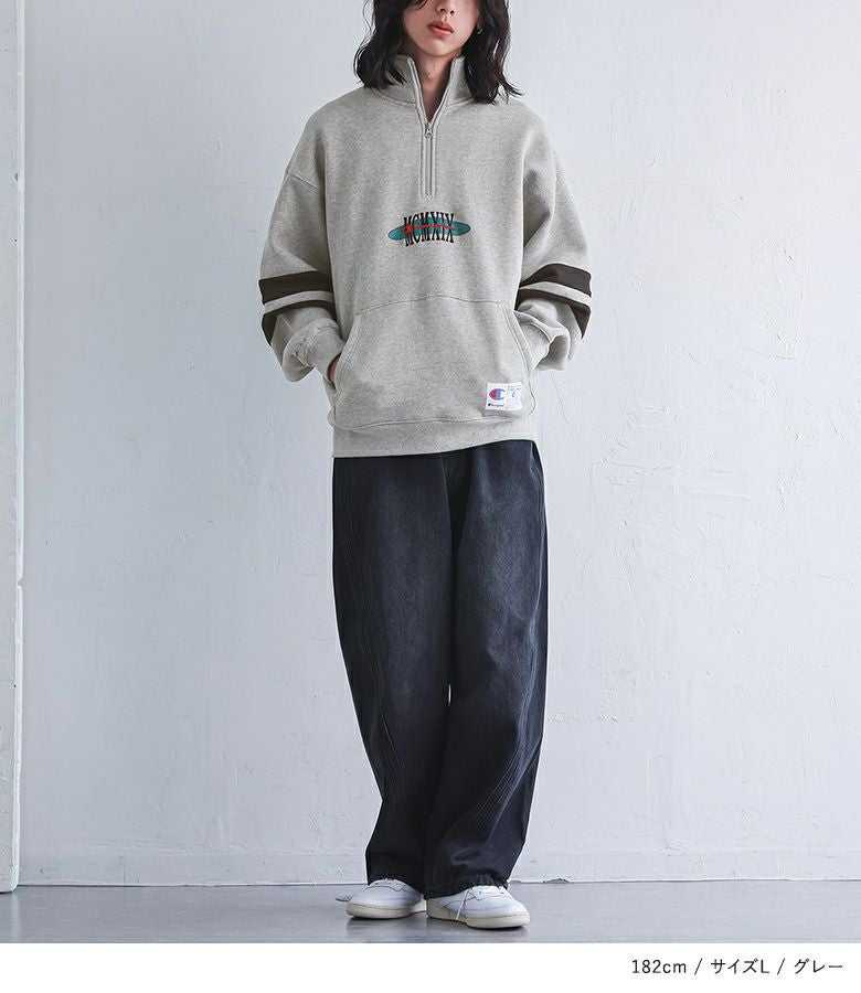 Champion袖ラインロゴ刺繍ハーフジップトップス』