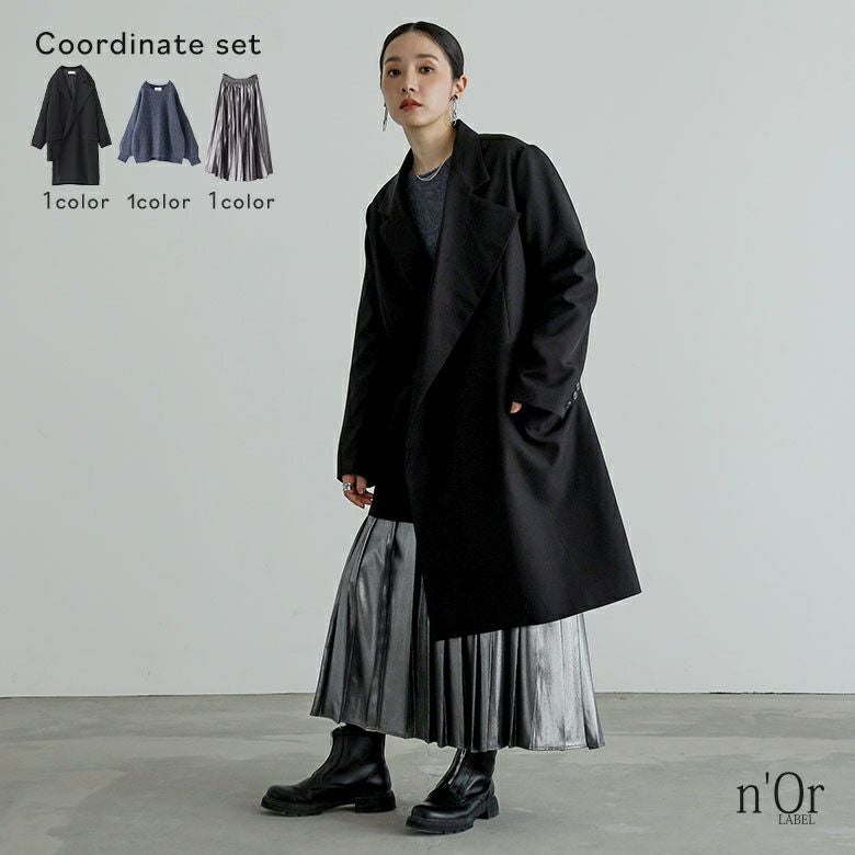 アシメトリーJK×ミックスカラーパフスリーブニット×メタリックプリーツスカートコーデ3点SET