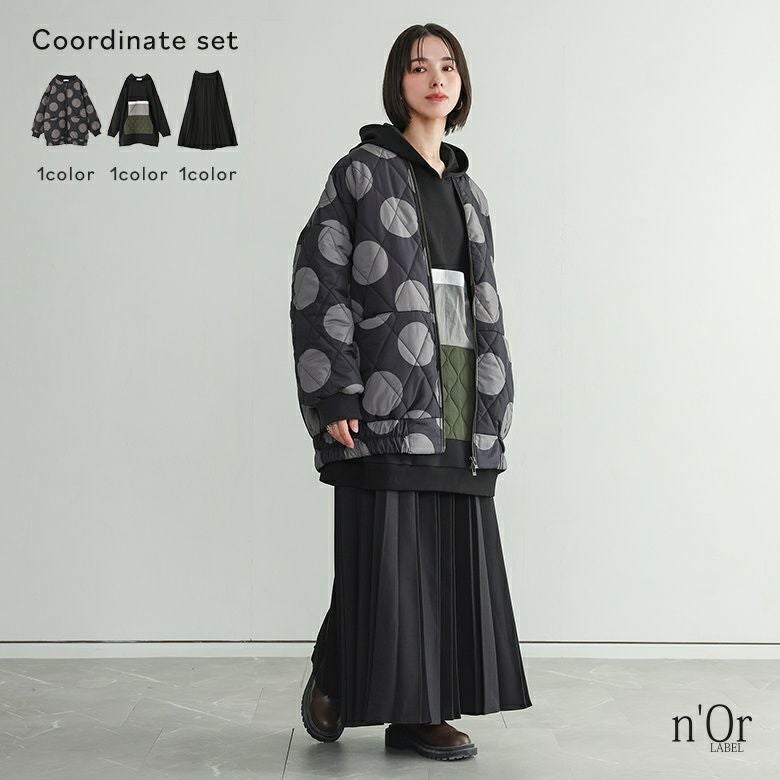 ポケット付き裏シャギーパーカー×プリーツスカート×ドットプリントキルティングコートブルゾンコーデ3点SET