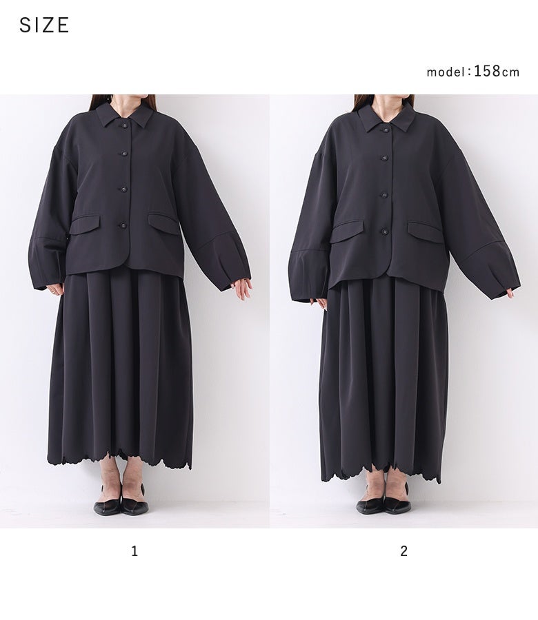 ランタンスリーブジャケット＆スカラップ刺繍ワンピースのサイズ比較。体型や好みの丈感に合わせて選べるサイズ1とサイズ2の展開で、自分にぴったりの着こなしが選べます。