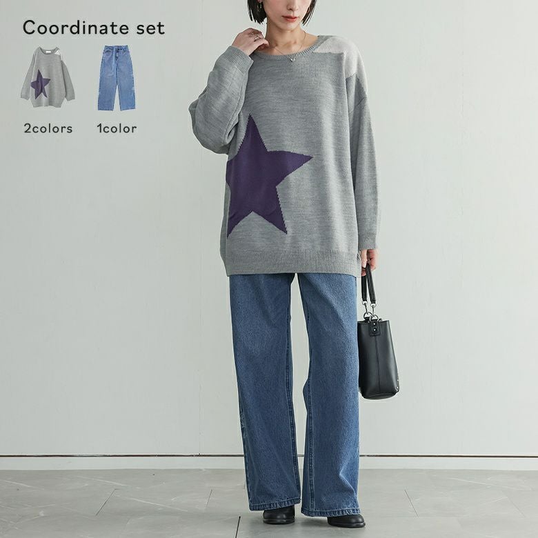 星柄フクレジャカードニット×花柄モチーフストレートデニムパンツコーデ2点SET