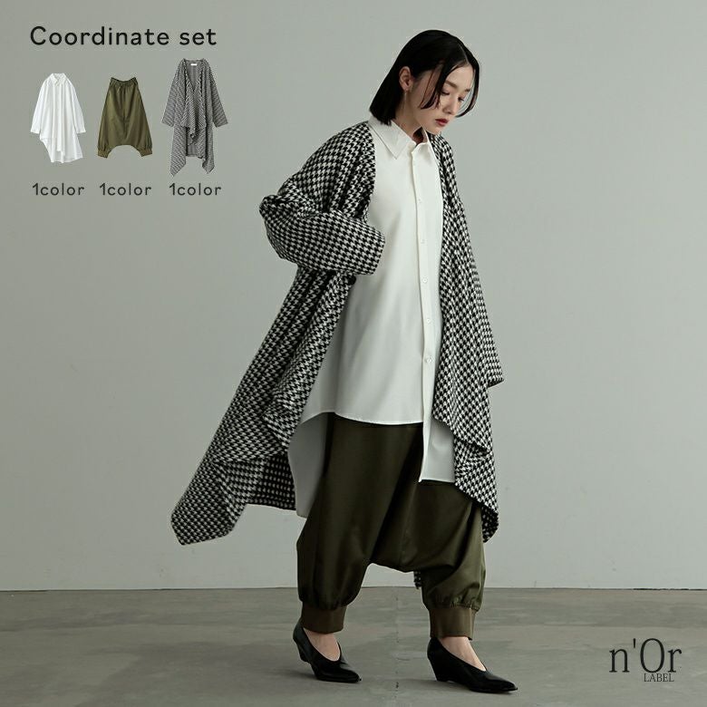 裾リブサルエルパンツ×左フレアーシャツ×前ヒラヒラドレープ羽織コーデ3点SET