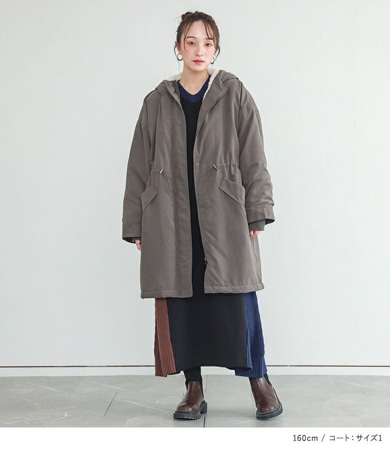 裏シャギー異素材ドッキングワンピース×裏ボア撥水モッズコートコーデ2