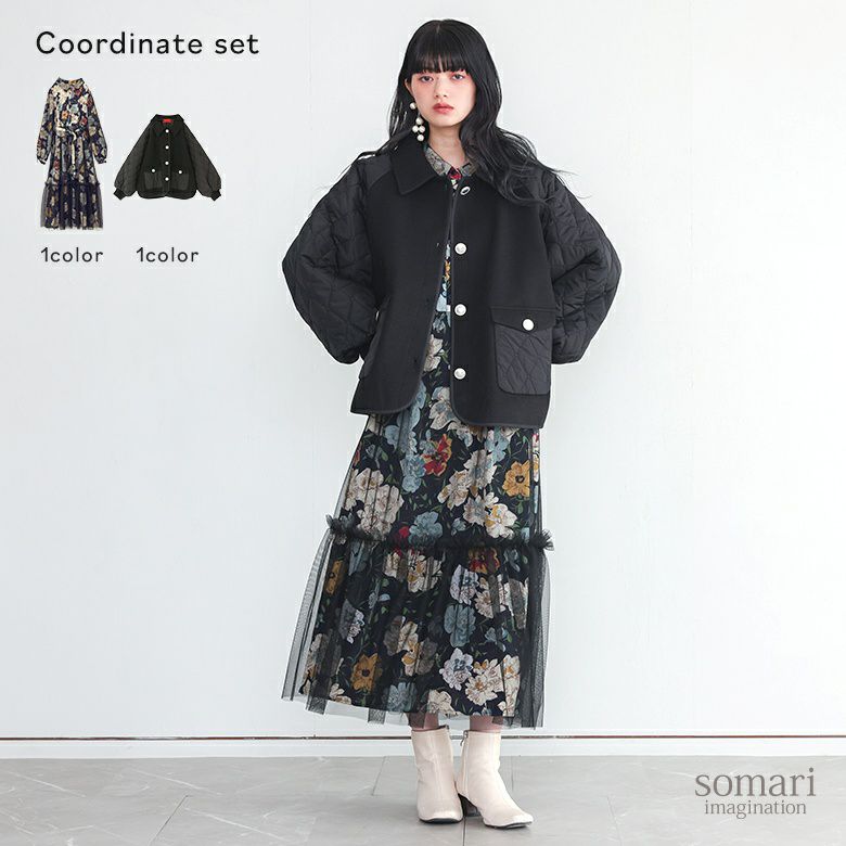 花柄チュールドッキングワンピース×キルティングブルゾンコーデ2点SET