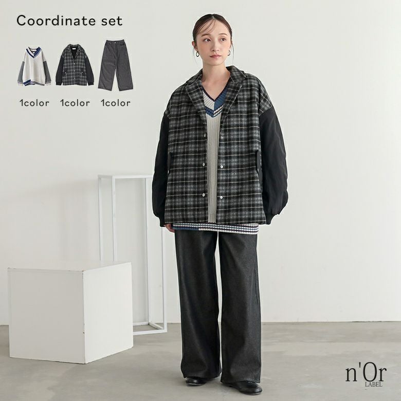 異素材テーラードチェックブルゾン×チルデンニット切替裏起毛プルオーバー×裏ベロアデニムパンツコーデ3点SET