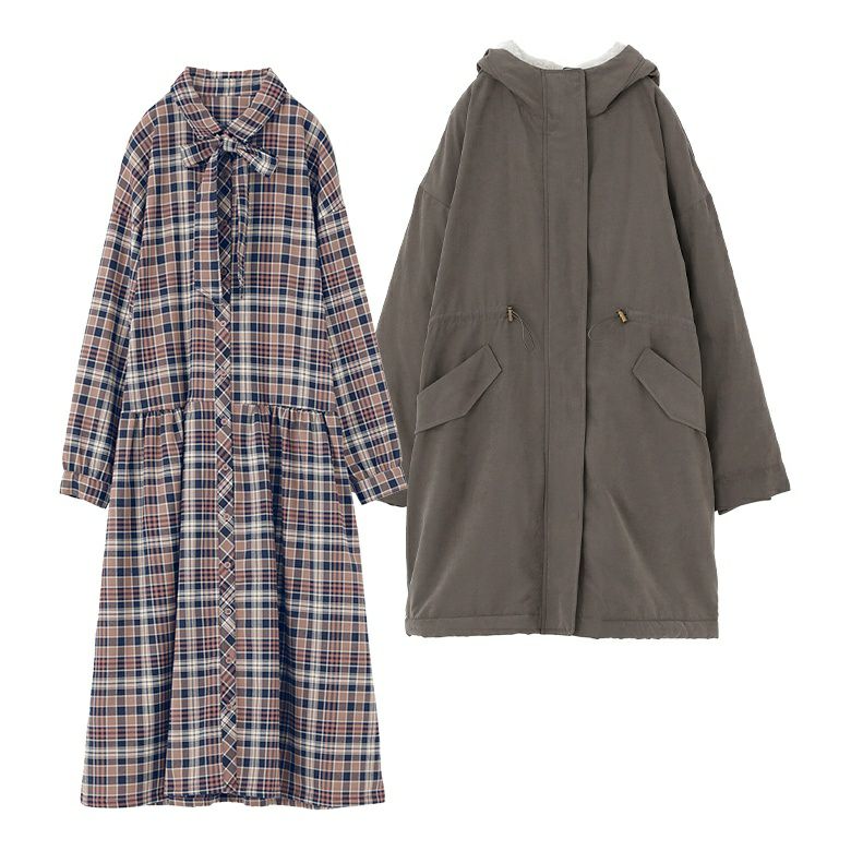 ボウタイ付きチェックワンピース×裏ボア撥水モッズコートコーデ2点SET』