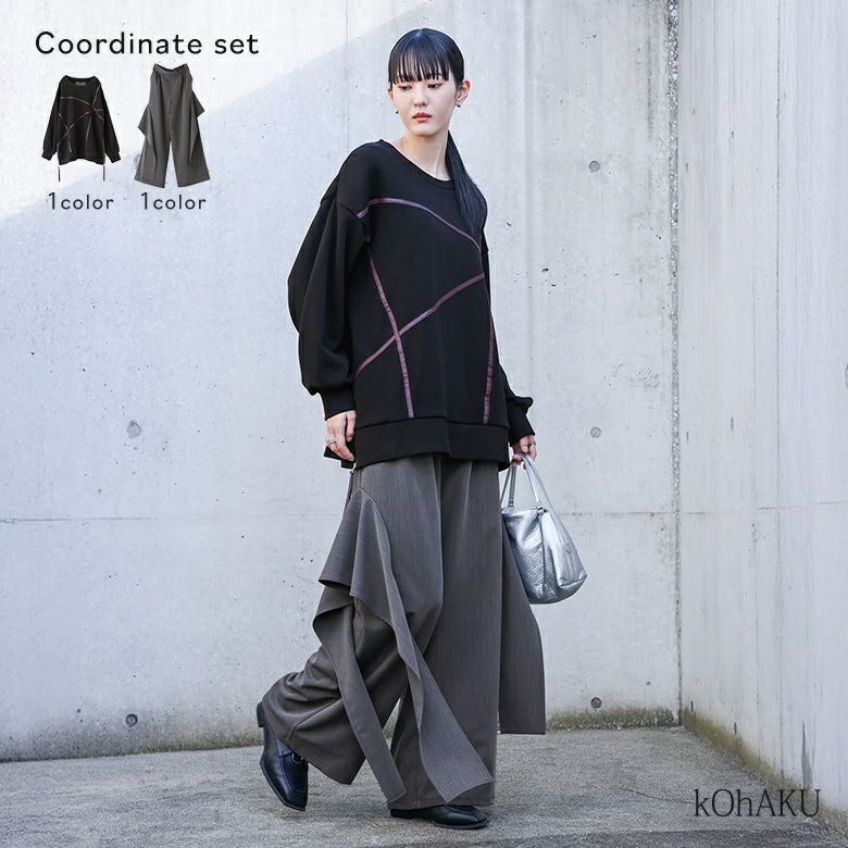 フェイクレザーライン裏シャギースウェット×フレアモチーフワイドパンツコーデ2点SET