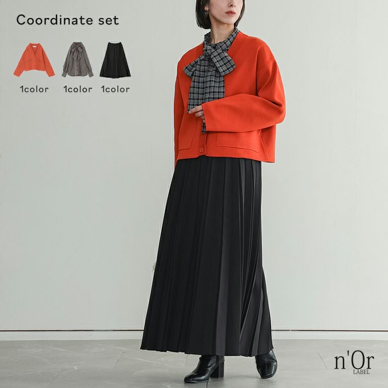 ボンディングプリーツスカート×リボンタイ付きラグランブラウス×スポンジニットショートカーディガンコーデ3点SET