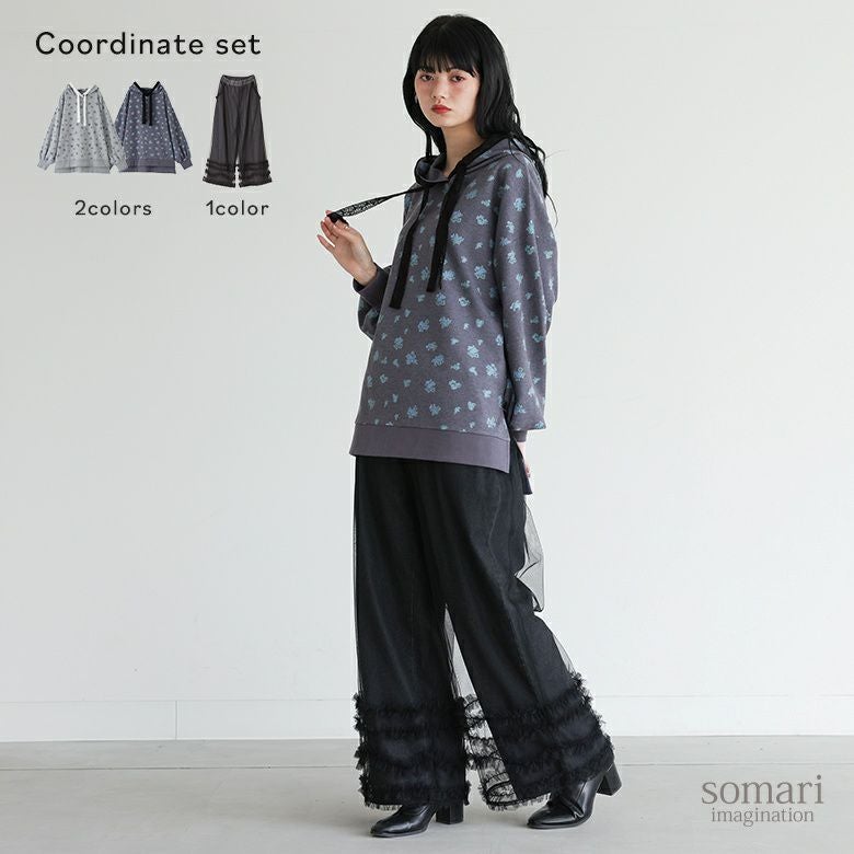 花柄サーマルフードカットソー×チュールレイヤードデニムパンツコーデ2点SET