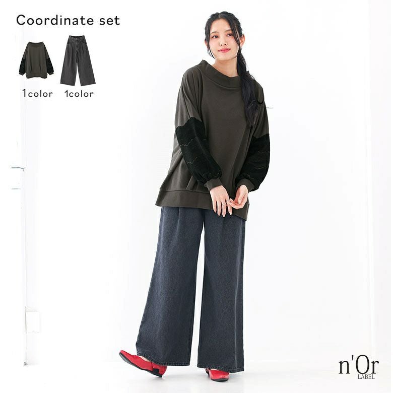 裏毛袖レースプルオーバー×タックデニムパンツコーデ2点SET