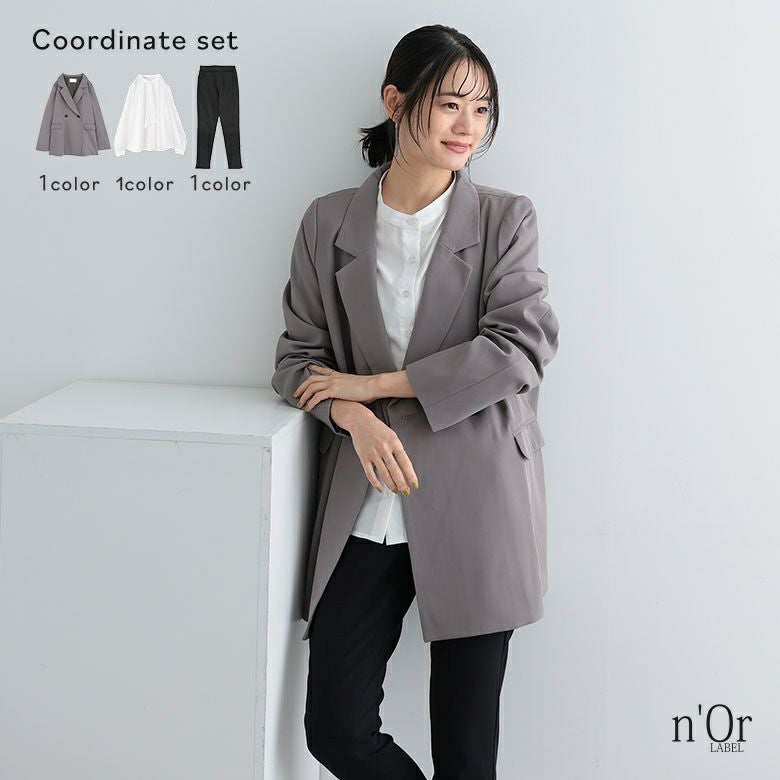 NEWフレキシンストレッチレギパン×ボウタイブラウス×美シルエットテーラードジャケットコーデ3点SET