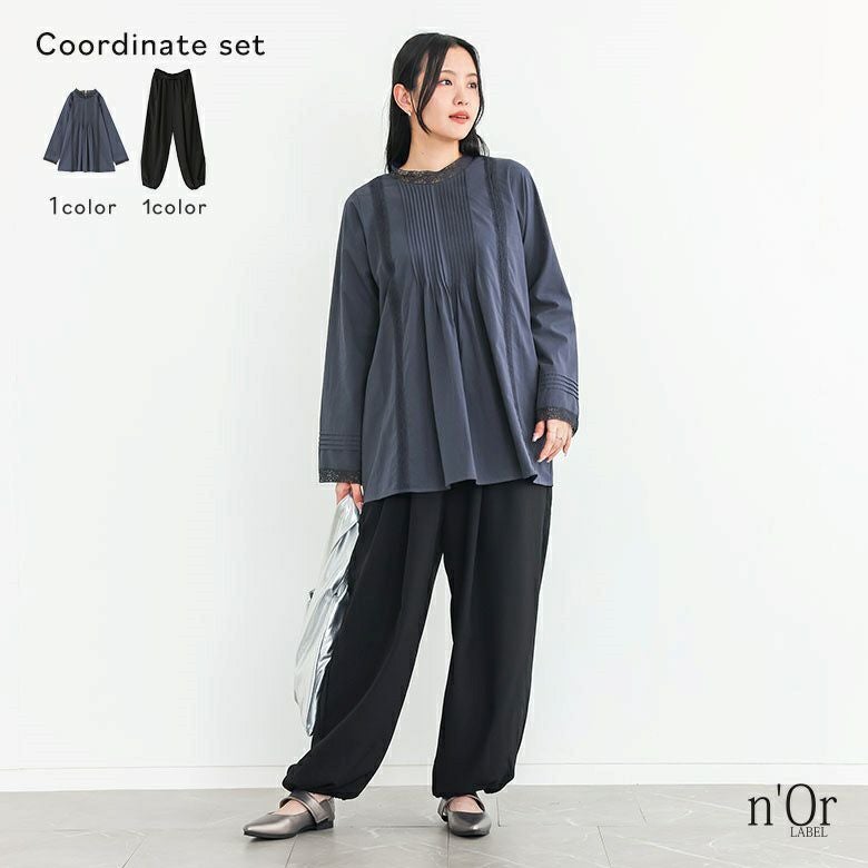 レースピンタックブラウス×とろみタックバルーンパンツコーデ2点SET