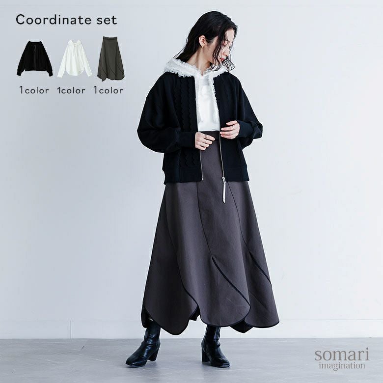 スカラップブルゾン×フードカットソー×パイピングスカートコーデ3点SET
