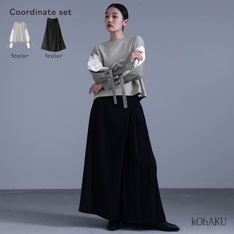 袖異素材スウェット×カシュクール風アシメプリーツパンツコーデ2点SET