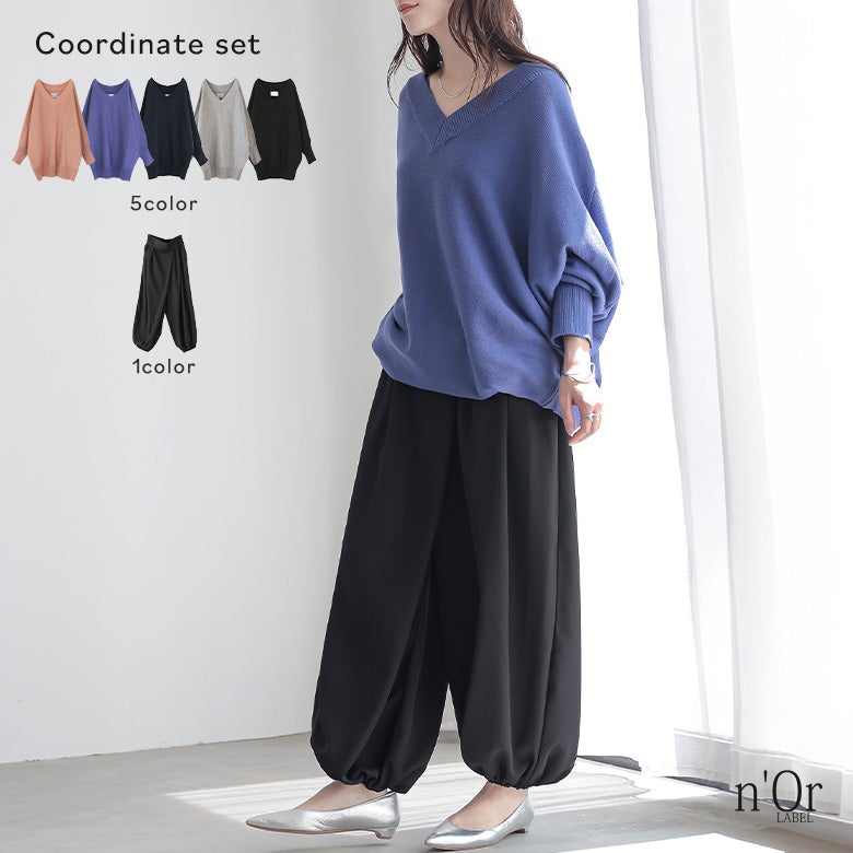 アラビアンモードワイドパンツ×ドルマンVネックニットコーデ2点SET