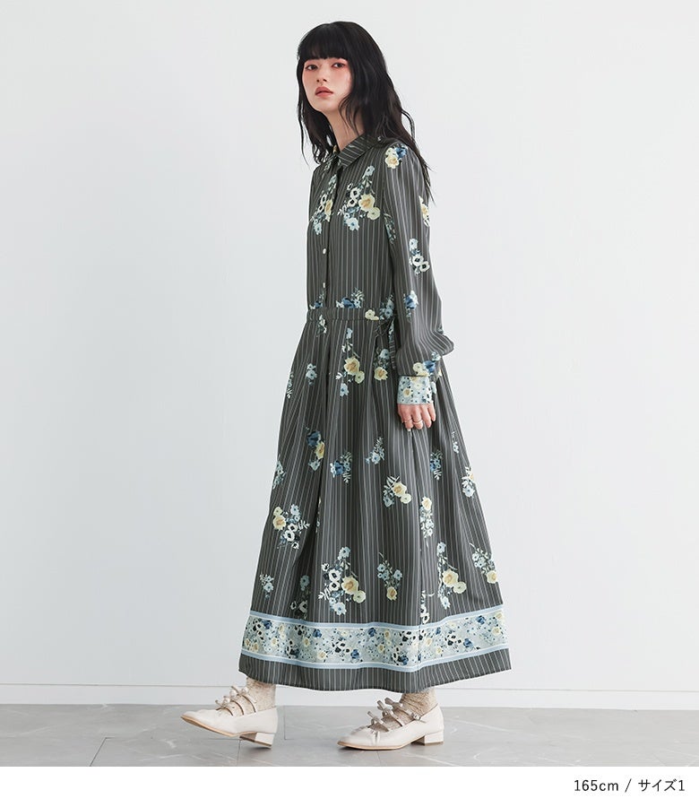 somari imaginationストライプ×花柄フレアワンピース』
