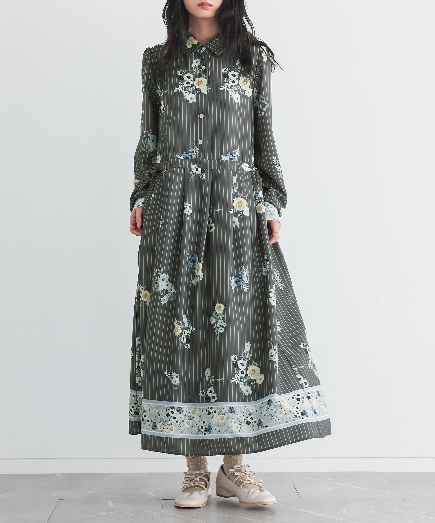 somari imaginationストライプ×花柄フレアワンピース』