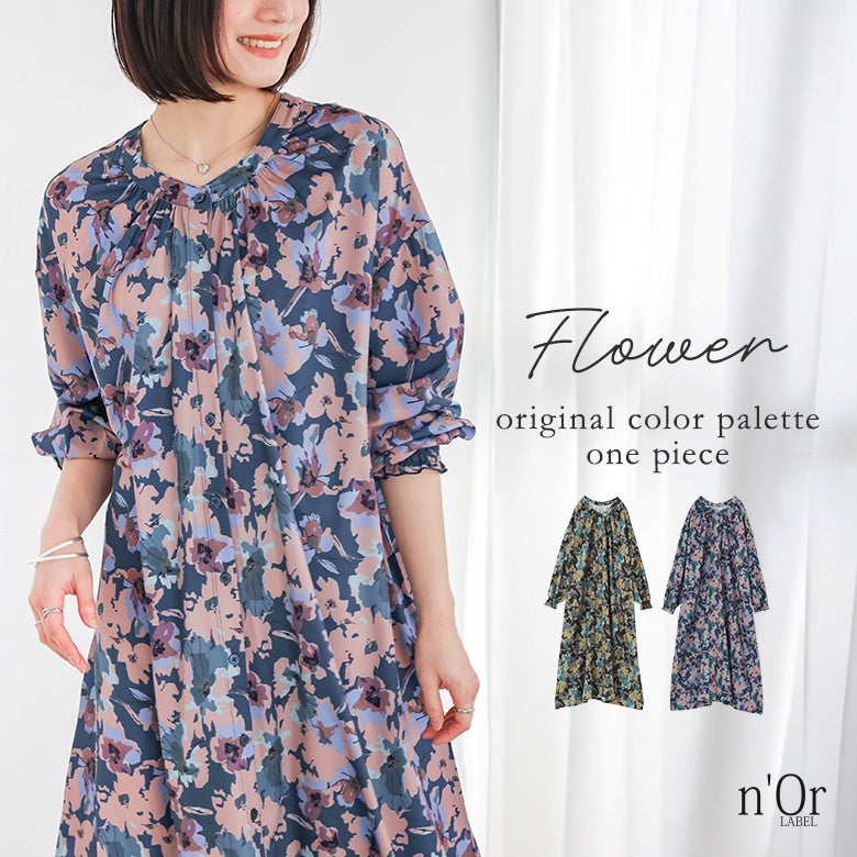 nOrLABEL(ノアールレーベル)花柄シャーリングギャザーワンピース