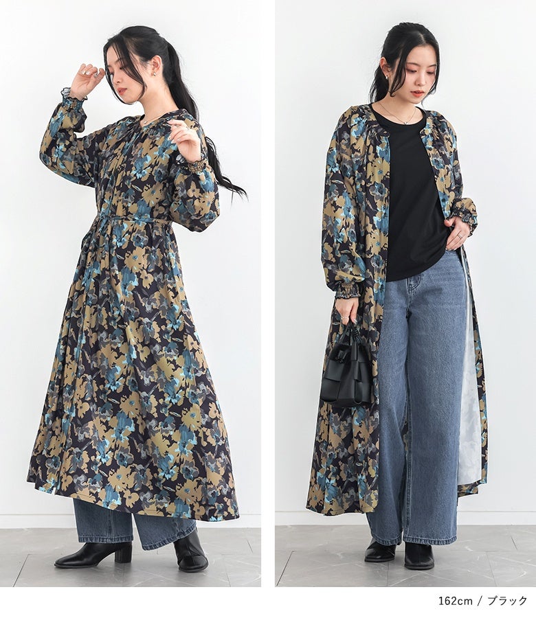 n'OrLABEL花柄シャーリングギャザーワンピース』