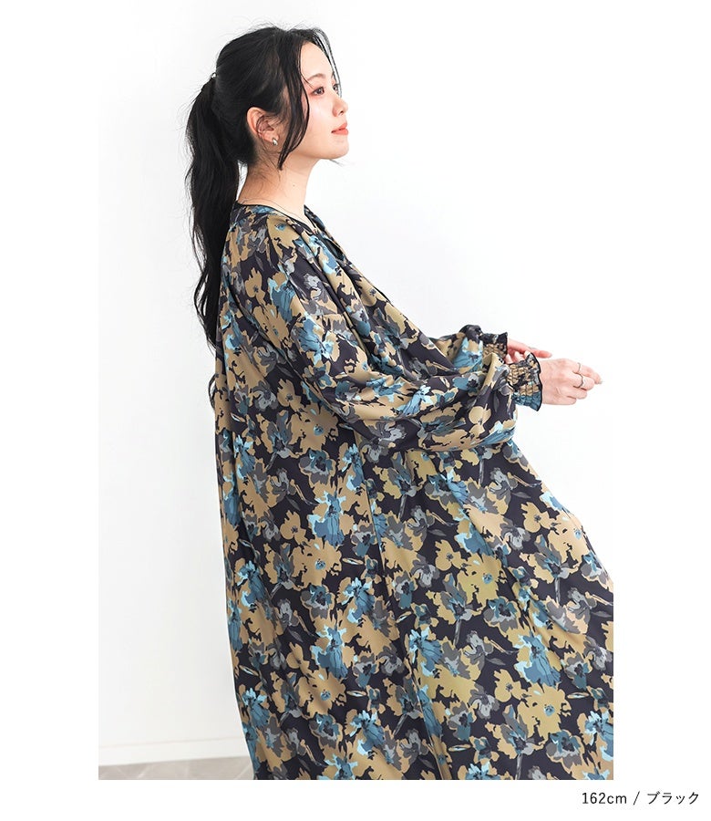 n'OrLABEL花柄シャーリングギャザーワンピース』
