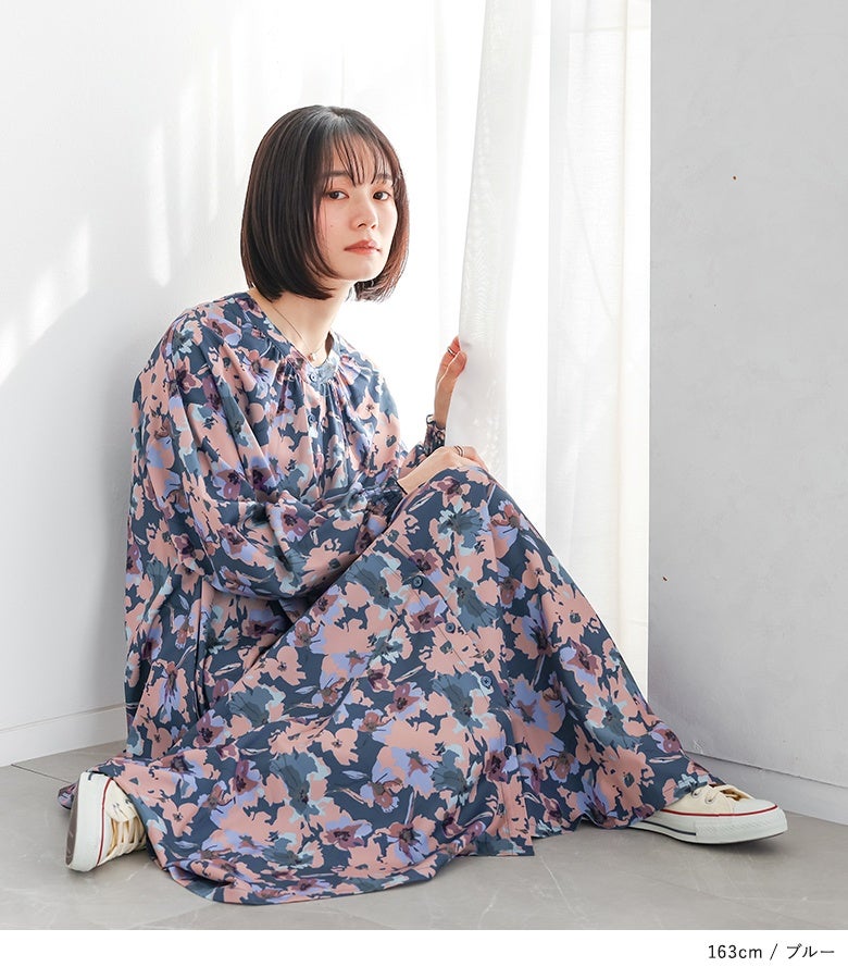 n'OrLABEL花柄シャーリングギャザーワンピース』
