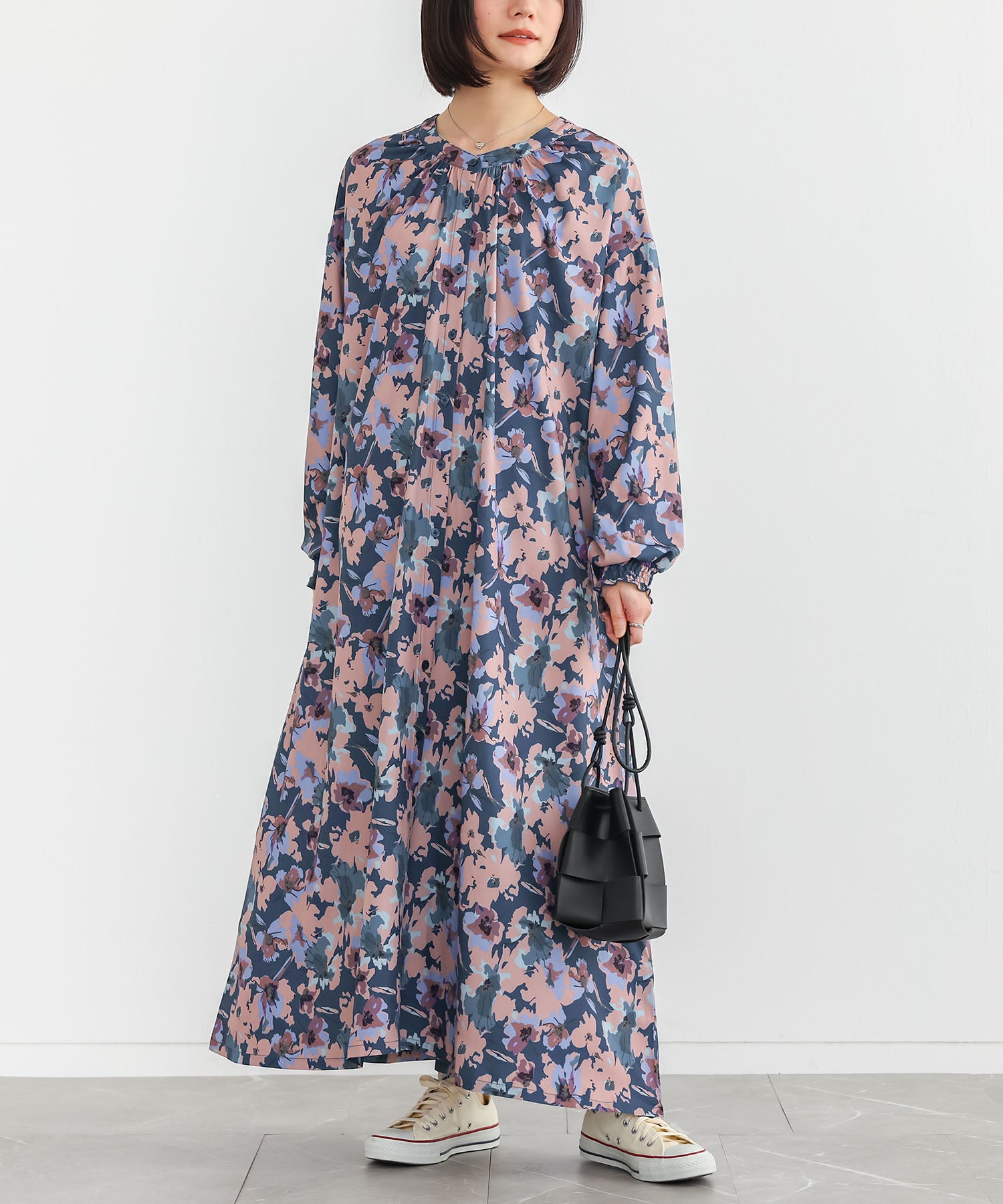 n'OrLABEL花柄シャーリングギャザーワンピース』