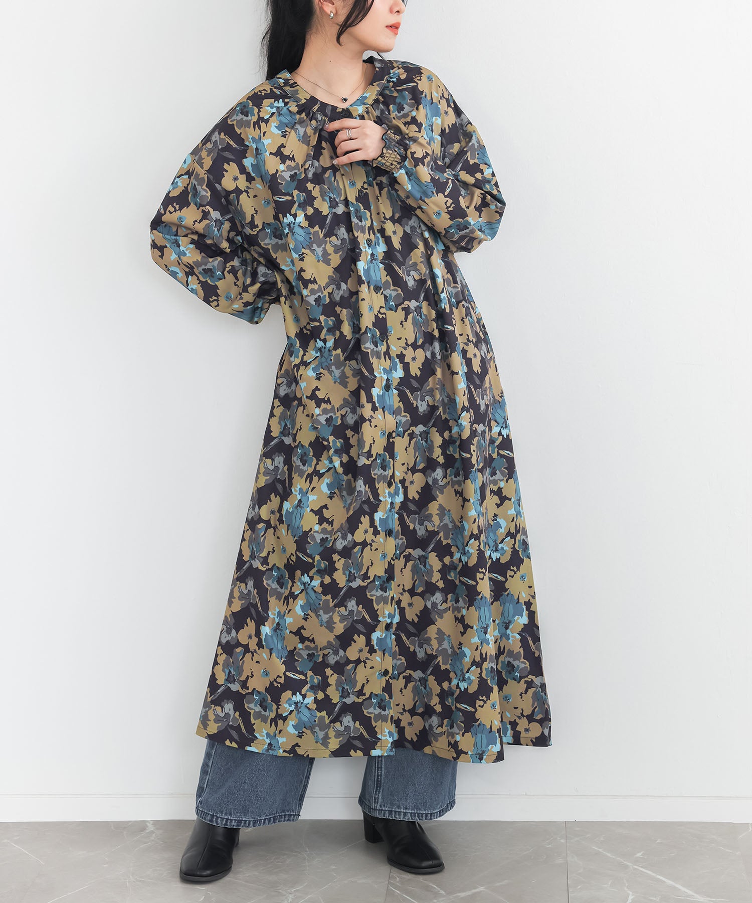 n'OrLABEL花柄シャーリングギャザーワンピース』