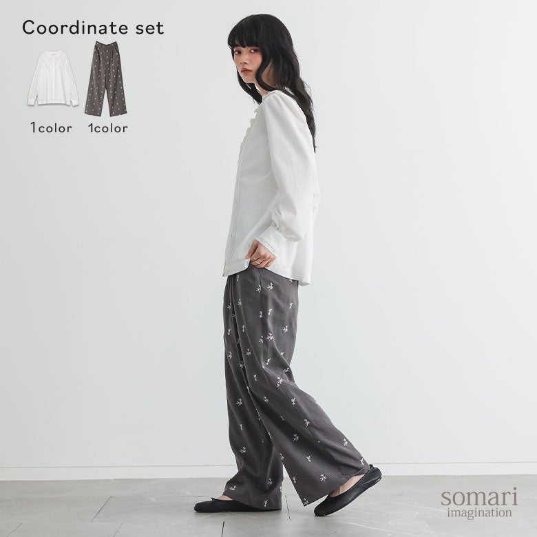 コットンレースピンタックブラウス×花柄刺繍スラックスコーデ2点SET