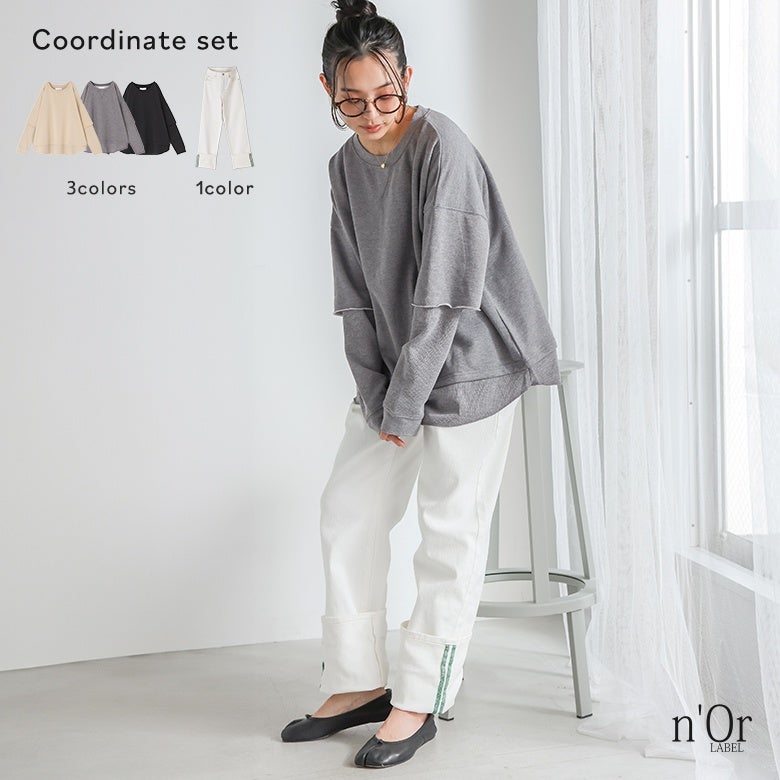 フェイクレイヤードスウェット×ロールアップストレートデニムパンツコーデ2点SET