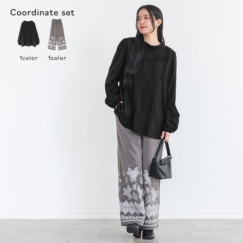 スタンドカラーレースブラウス×ウエストリボンレースプリントパンツコーデ2点SET