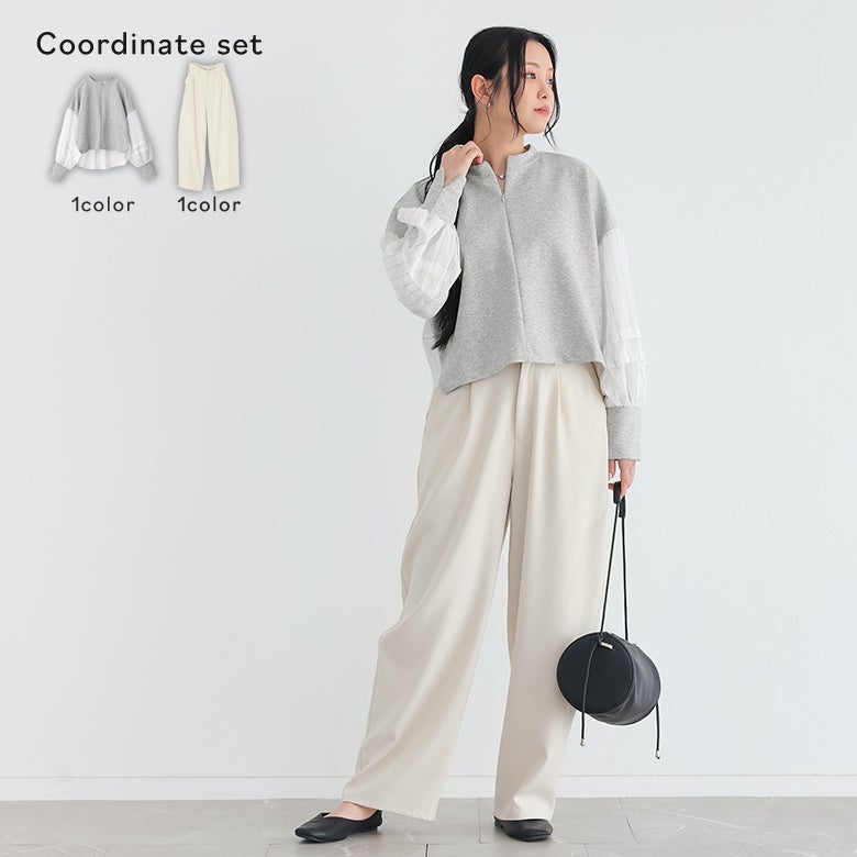 シアーストライプシャツドッキングプルオーバー×カーブツイルパンツコーデ2点SET