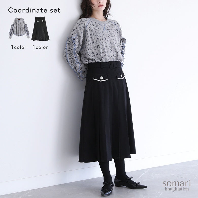 花柄サーマルカットソー×プリーツスカートコーデ2点SET