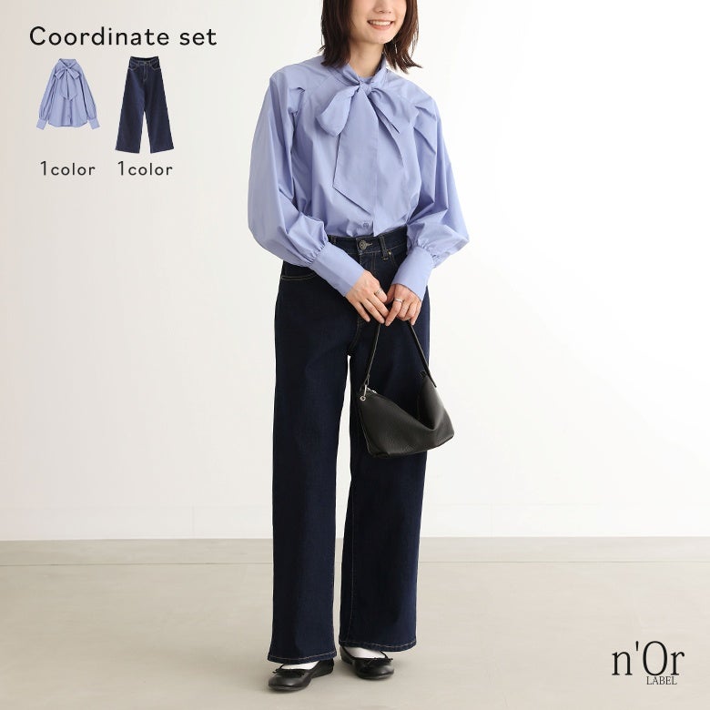 リボンタイ付きラグランブラウス×ストレートワイドパンツコーデ2点SET