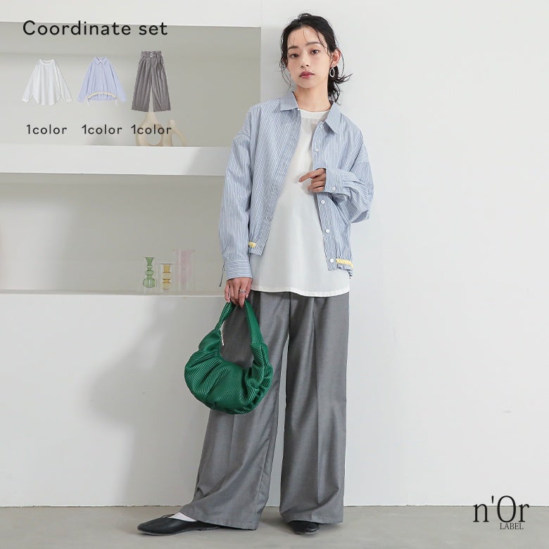 配色ギャザーストライプスシャツ×シャツ生地クルーネックプルオーバー×ベルト付きハイウエストタックワイドパンツコーデ3点SET