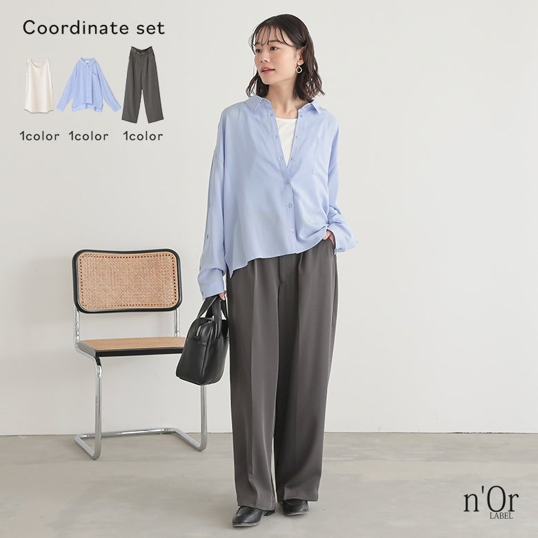 配色オープンスリーブシャツ×シンプルコットンタンクトップ×センタープレスストレートスラックスコーデ3点SET